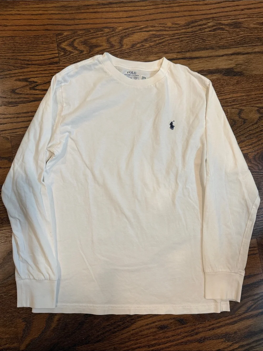 Boys size 14-16 Ralph Lauren Long-Sleeve Crewneck Shirt - White with Navy Logo